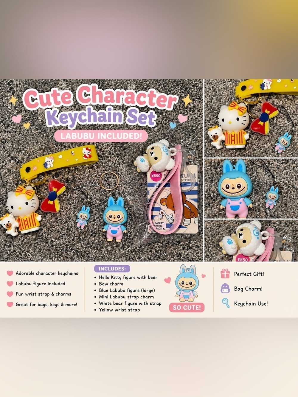Cute Kawaii Character Keychain Bundle Labubu Hello Kitty Bag Charms